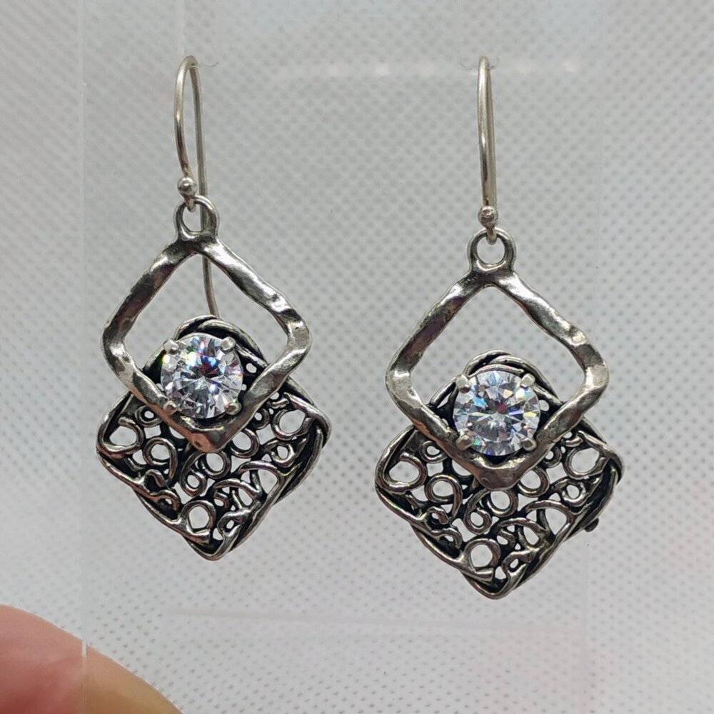 Noa Zuman Israel 925 Sterling Silver Cubic Zirconia Dangle Earrings - Picture 1 of 6